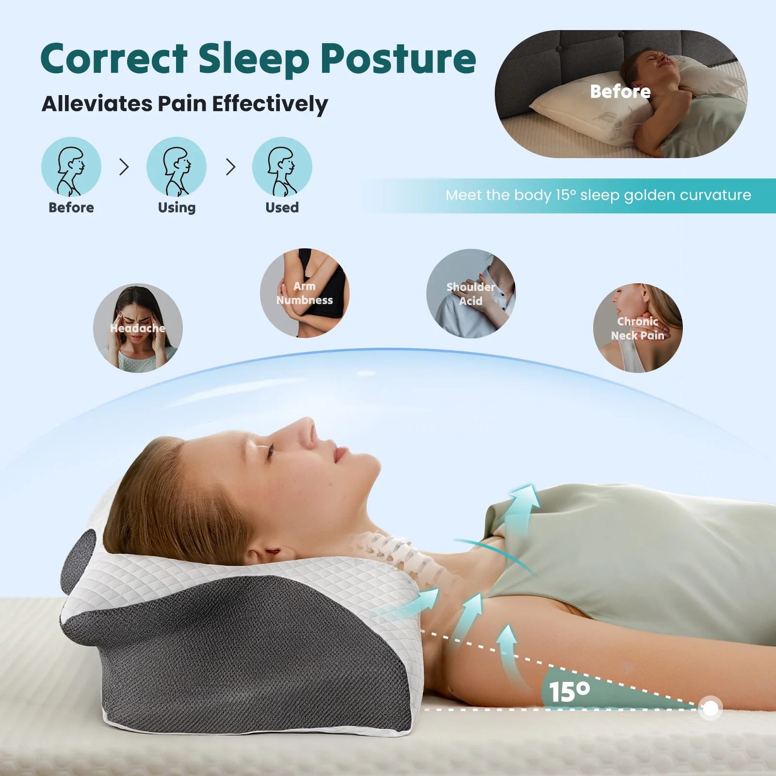 Ergonomic Cervical Memory Foam Pillow with Cooling Cover – Neck Support - color options