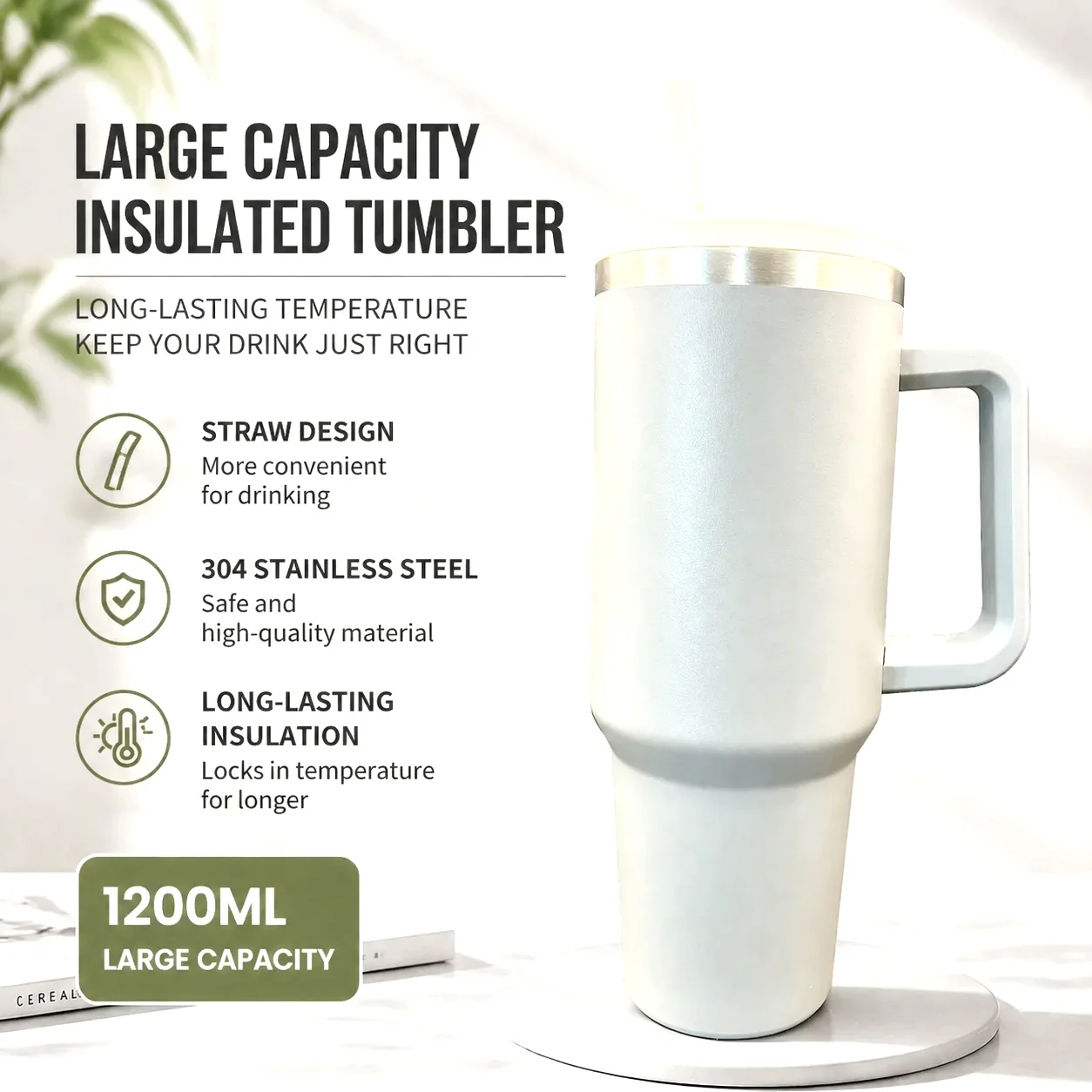 40oz Insulated Tumbler with Handle & Straw – 1200ml Double-Wall Travel Mug