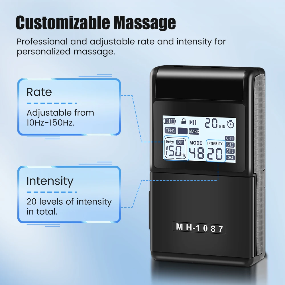 Digital TENS Unit Machine – 4 Channel Electrostimulator, 20 Intensity Levels - in use