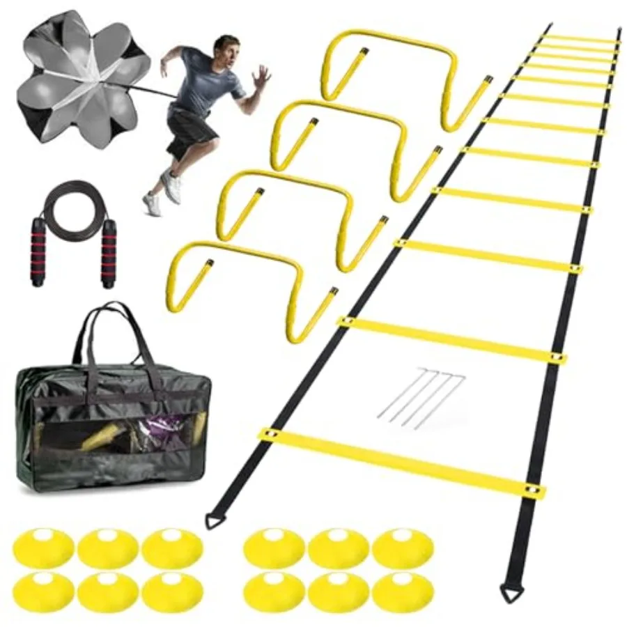 Agility Ladder Set – 20ft Ladder, 4 Hurdles, 12 Cones, Jump Rope & Running Parachute - packaging