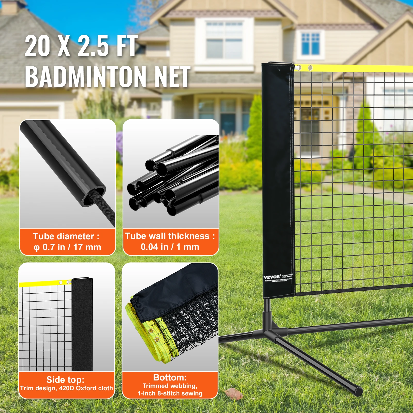 20ft Portable Net Set - Height-Adjustable Badminton, Volleyball & Pickleball - alternate view