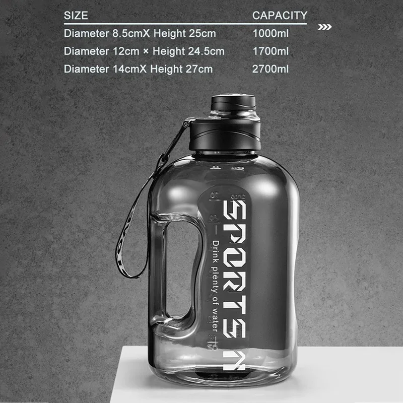 Large Water Bottle 1.7L & 2.7L – BPA-Free Gym & Camping Jug - color options