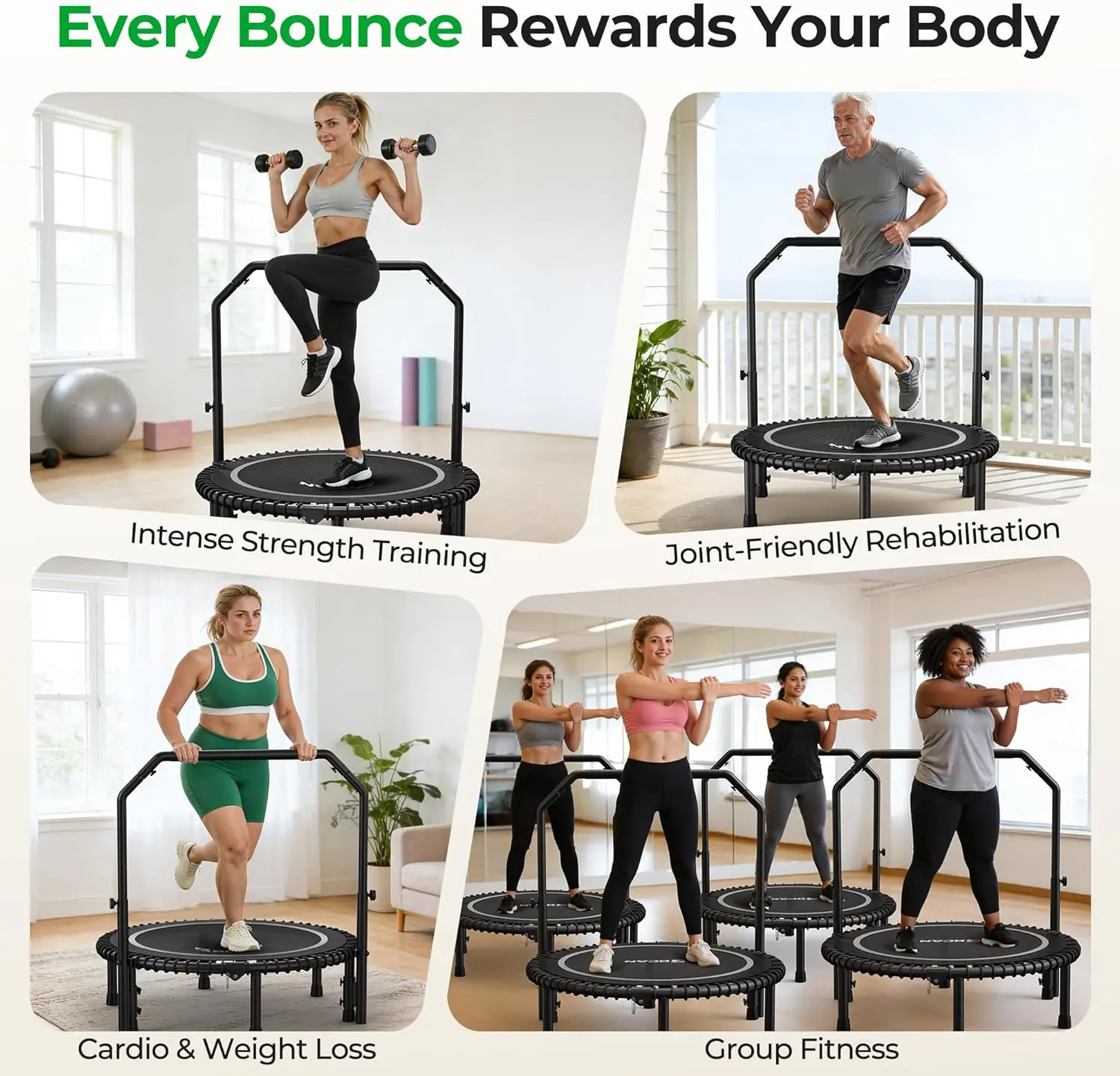 BCAN 40in Mini Rebounder Trampoline – Bungee Fitness Trampoline, 450lb - color options