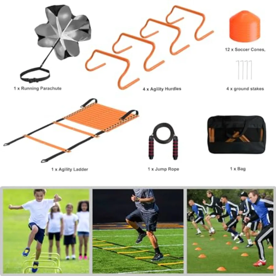 Agility Ladder Set – 20ft Ladder, 4 Hurdles, 12 Cones, Jump Rope & Running Parachute - close-up detail