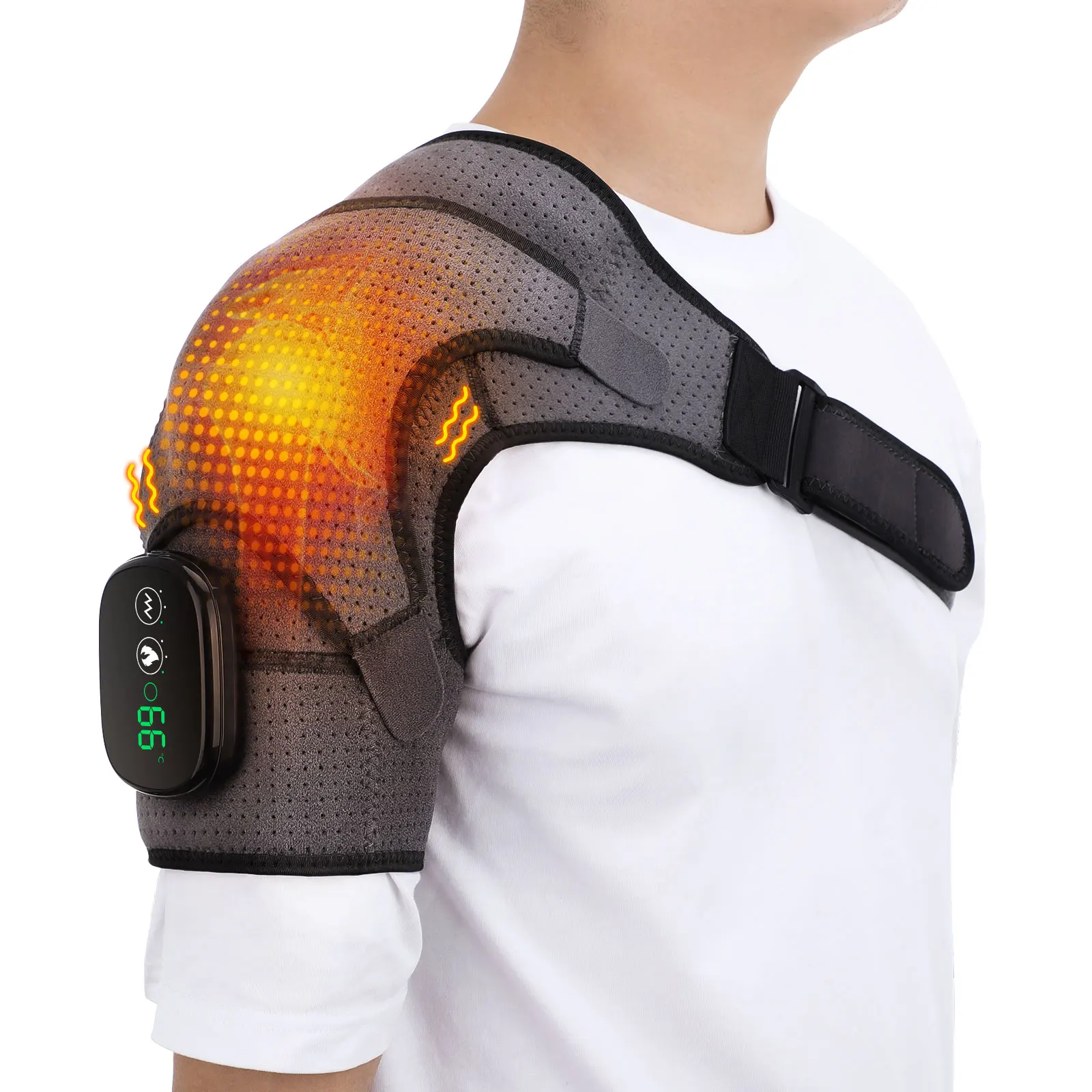 Heated Shoulder Brace with Vibration Massage – Adjustable Support Wrap