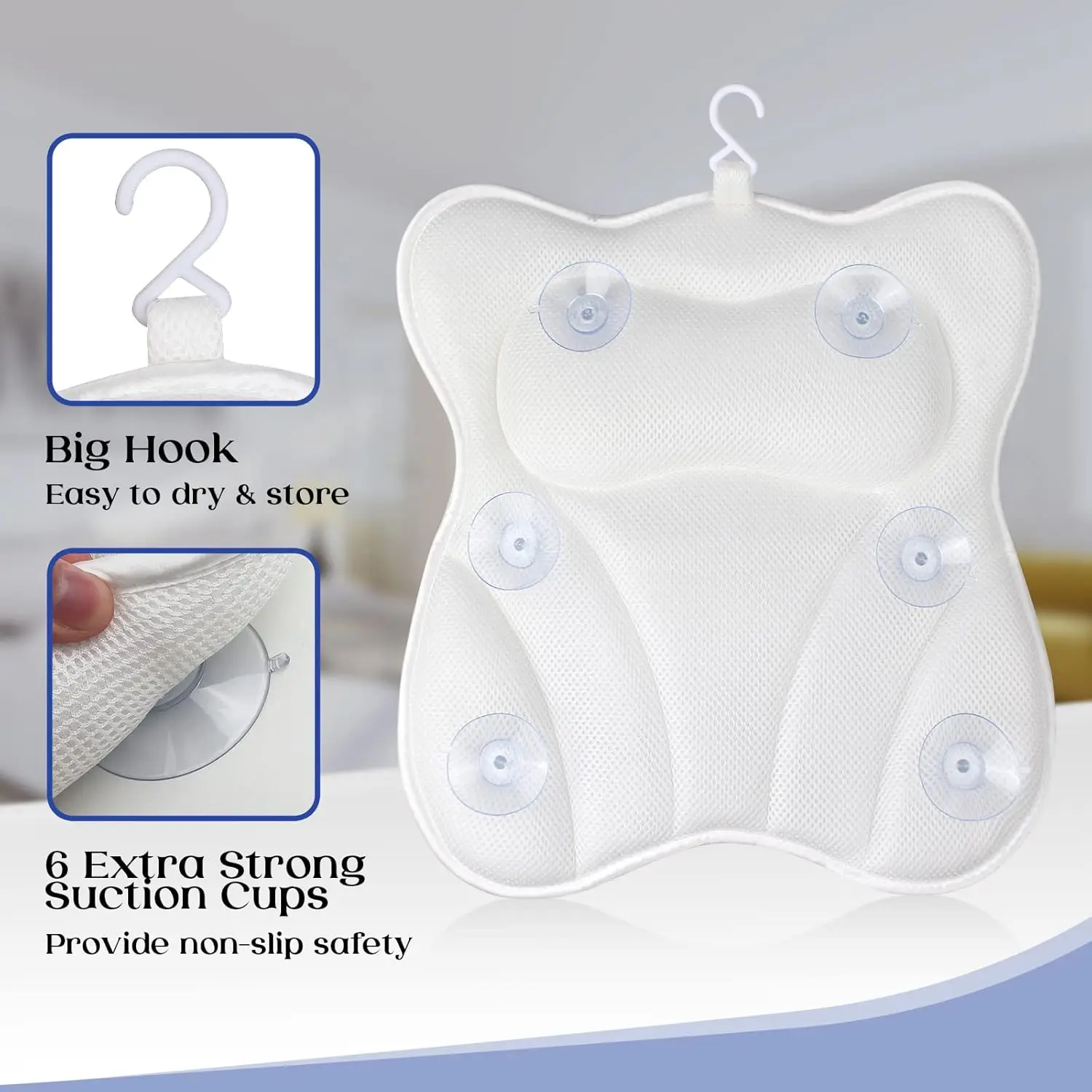Bath Pillow with Suction Cups – 4D Mesh Neck & Back Spa Headrest - size and dimensions