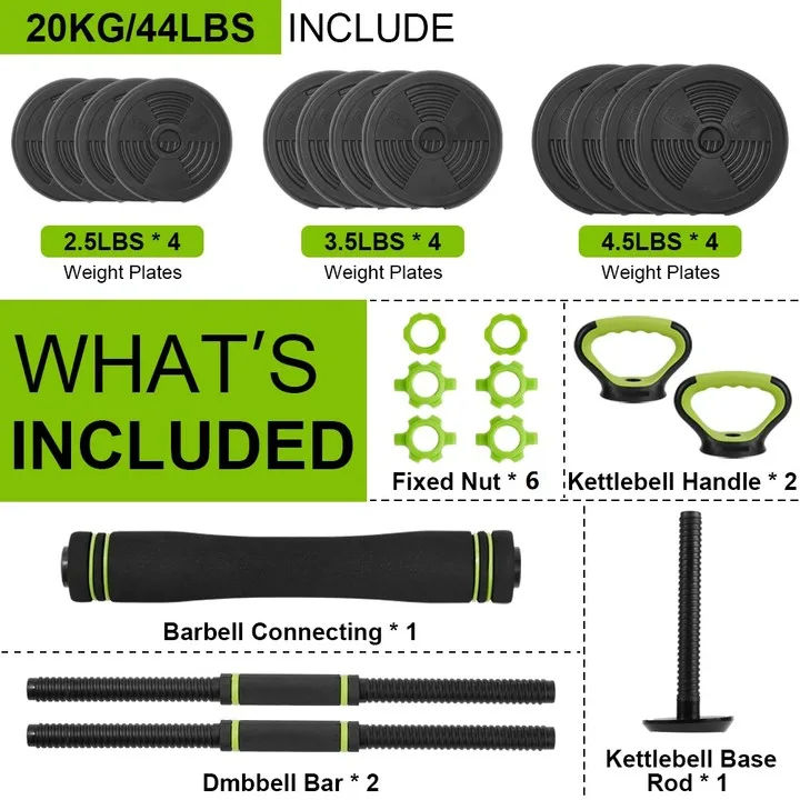 Adjustable Dumbbells 44/66/88lb – 4-in-1 Barbell & Kettlebell Home Weight Set - size and dimensions
