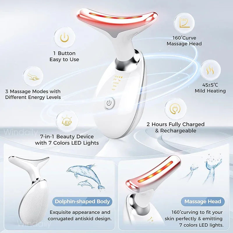 LED Face & Neck Massager – 7-Colour Light Therapy & Vibration Skincare Device - color options