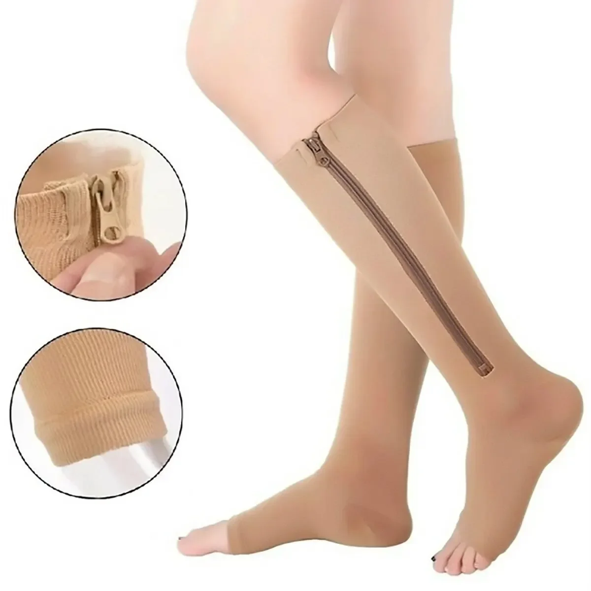 Zipper Compression Socks – Open Toe Graduated Support for Tired Legs - close-up detail