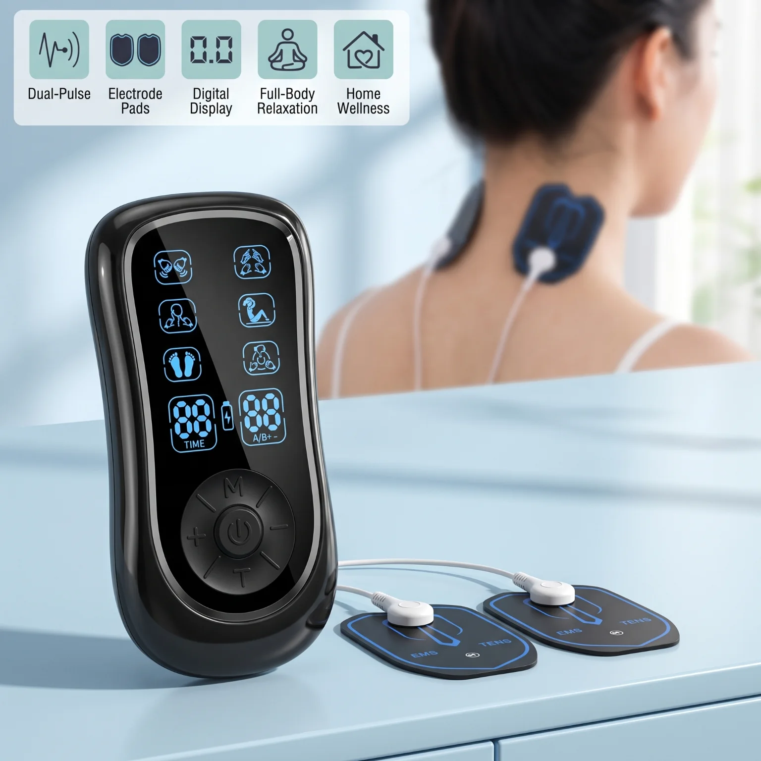 Dual Channel TENS & EMS Unit – 6 Modes, 19 Levels, 10 Electrode Pads - close-up detail