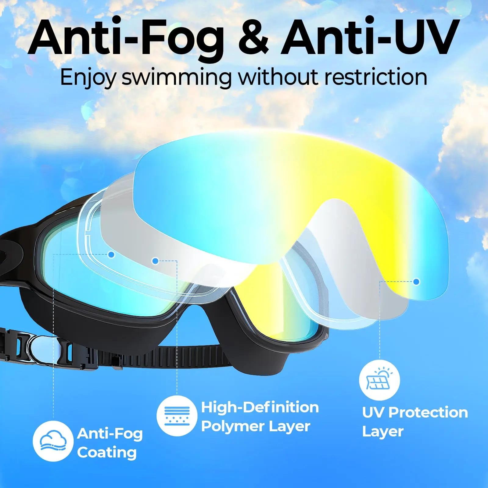 Swim Goggles 2 Pack Wide View Anti Fog&UV Swimming for Audlt - size and dimensions