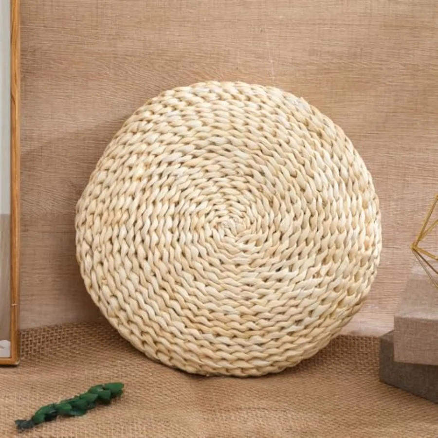 Hand-Woven Straw Meditation Cushion - 6in Round Floor Seat for Zazen - in use