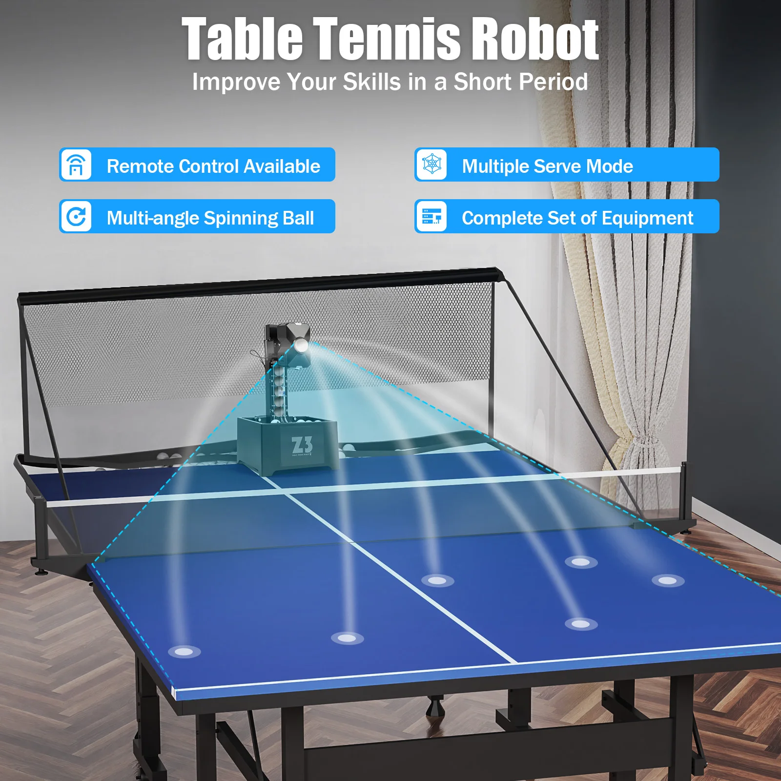 Table Tennis Robot & Ball Machine – 10-Mode Ping Pong Trainer with Net & 100 Balls