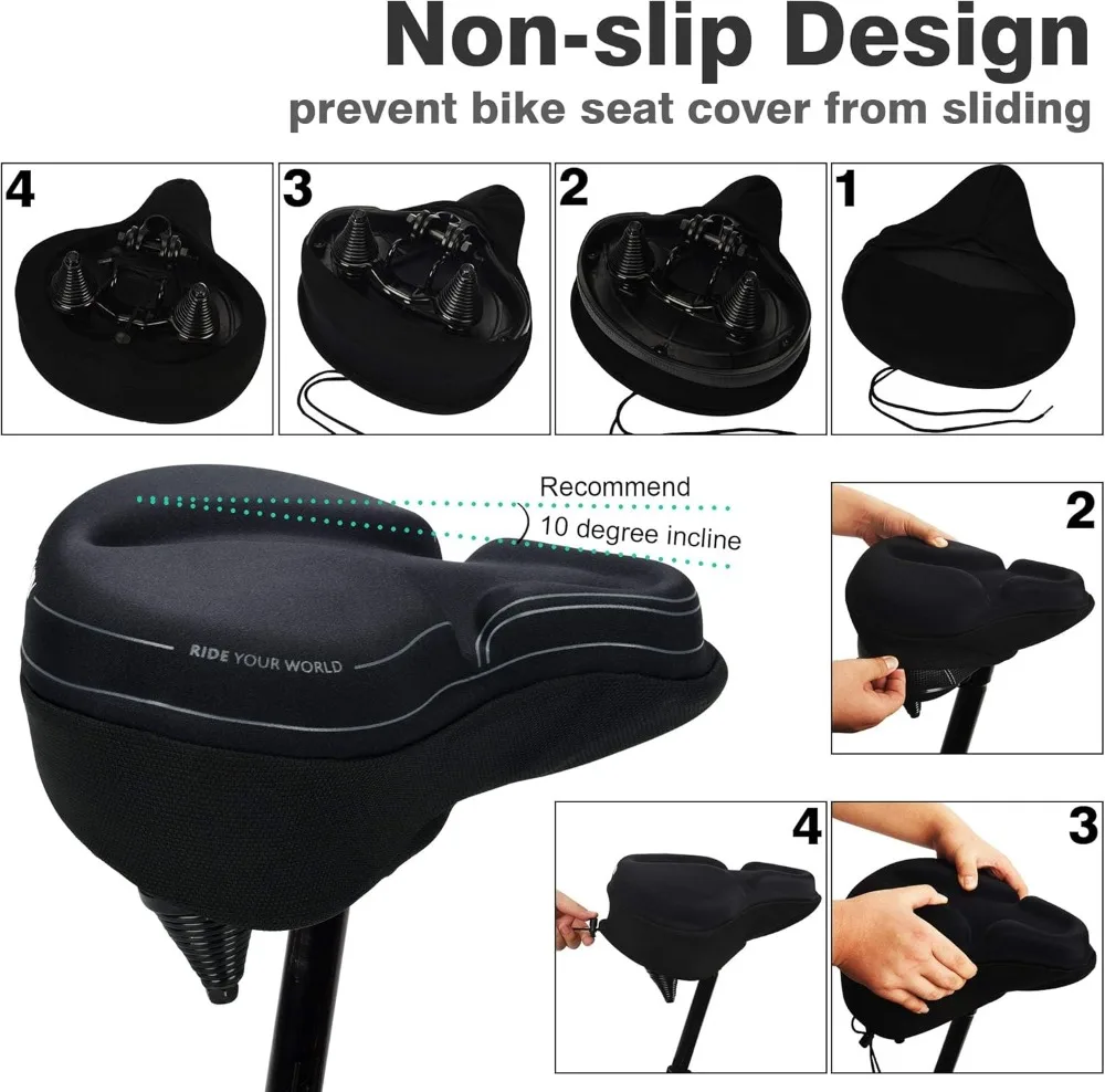 Gel & Memory Foam Bike Seat Cover – Padded Saddle Cushion for Spin Bikes - size and dimensions