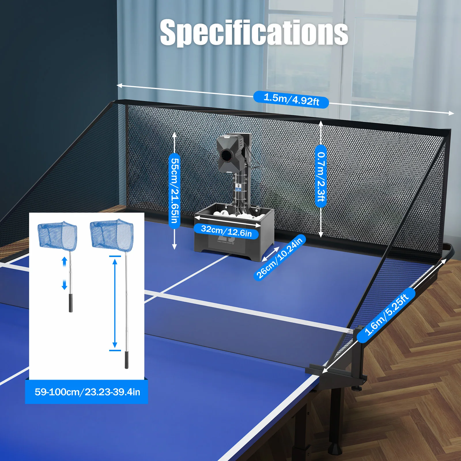 Table Tennis Robot & Ball Machine – 10-Mode Ping Pong Trainer with Net & 100 Balls - close-up detail