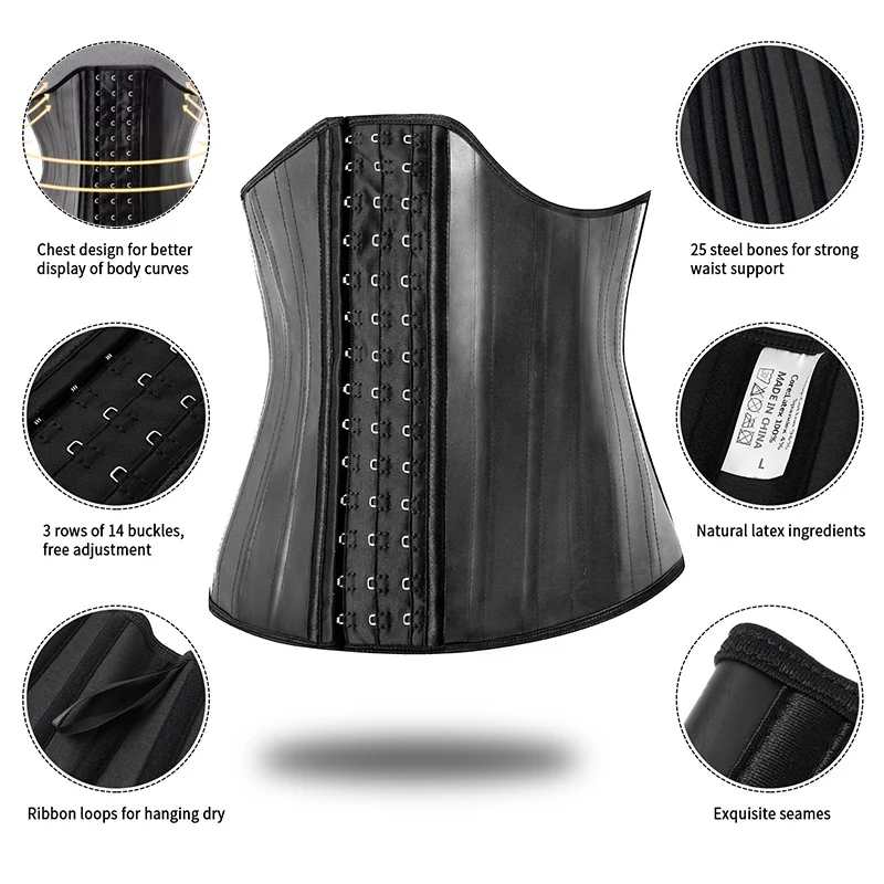 25 Steel Bone Latex Waist Trainer Corset – Firm Control Shapewear for Women - size and dimensions