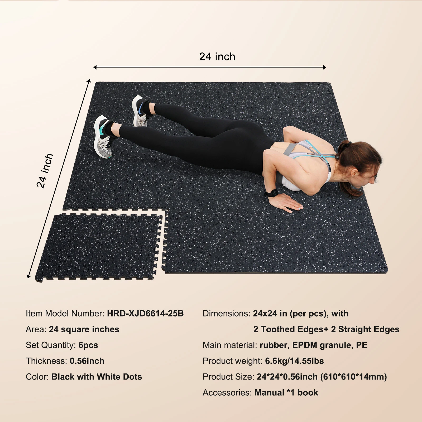 Rubber Top Interlocking Gym Floor Tiles – 25 Puzzle Mats, 0.56in EVA Foam Base - side view