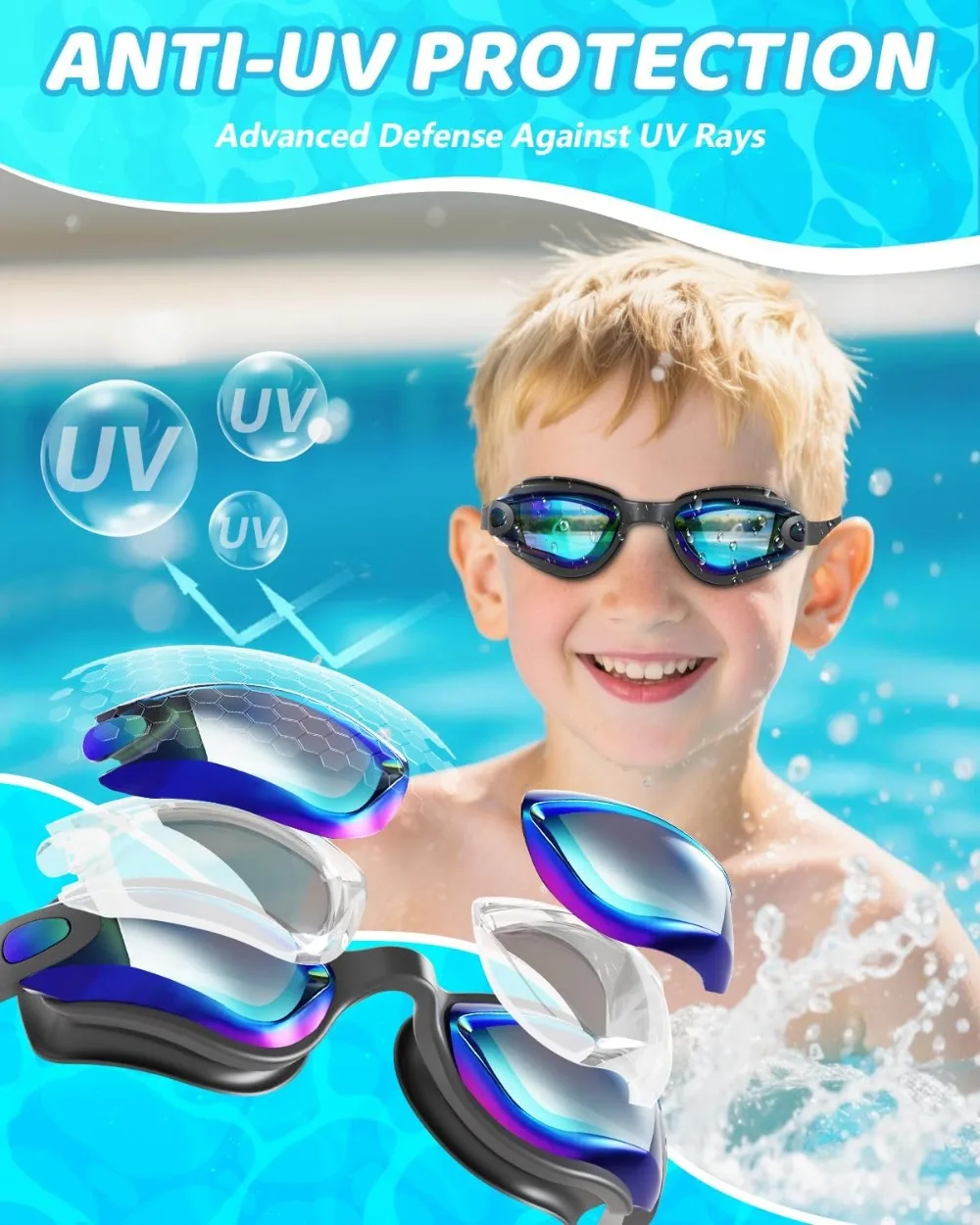 Kids Swim Goggles Anti-Fog UV Protection Ages 3-14 Comfort Fit - close-up detail