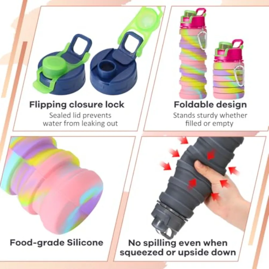 Collapsible Silicone Water Bottles 17 oz – 14 Pack, Leak-Proof with Clips - in use