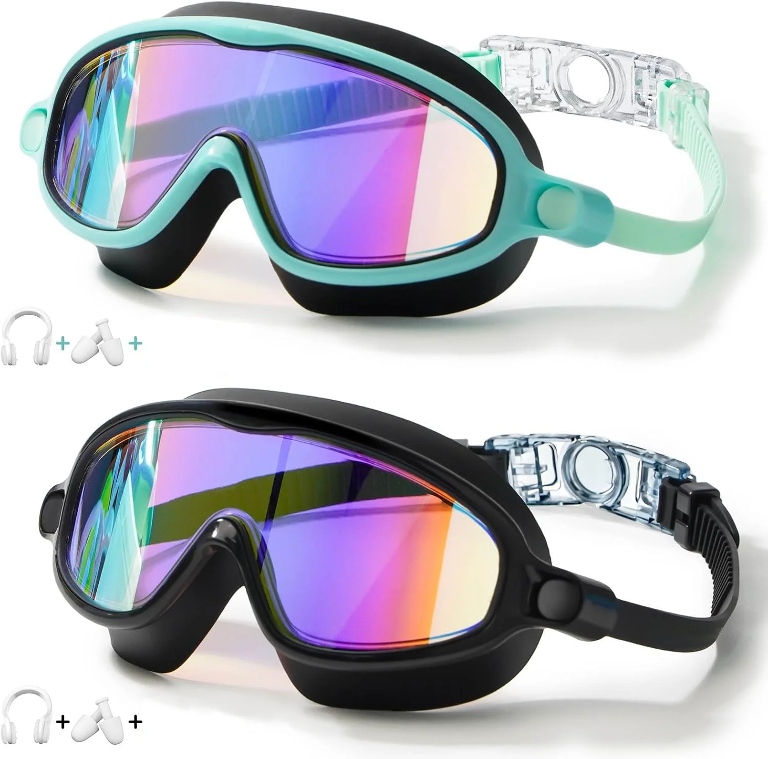 Kids Swim Goggles 2-Pack – Anti-Fog, UV, Earplugs & Nose Clip