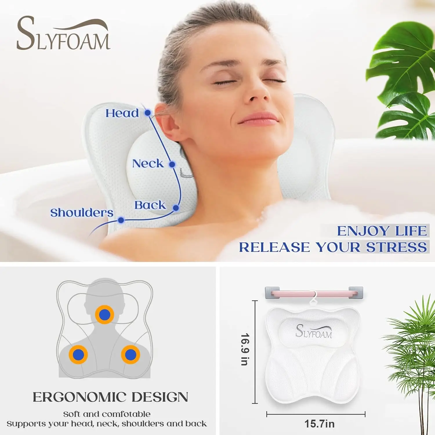 Bath Pillow with Suction Cups – 4D Mesh Neck & Back Spa Headrest - color options
